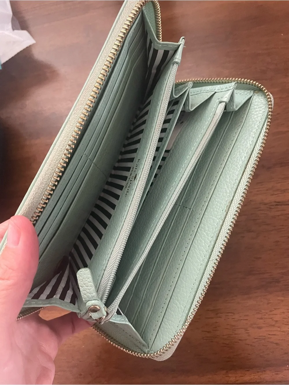 kate spade Mint Green Zip Around Wallet with Gold Logo